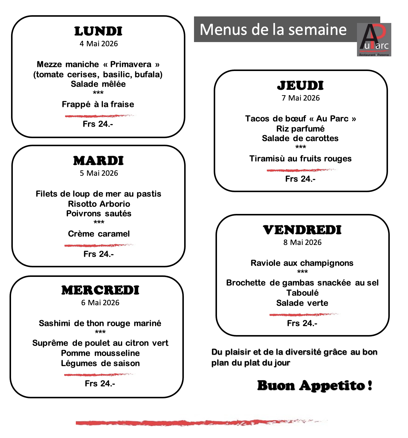 Titre Menu Menus du jour - Au Parc